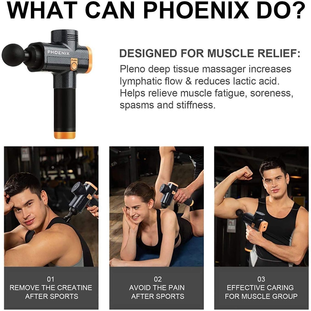 Phoenix a2 Massage Gun Black Body Massager Electric 4 Heads Pistol Massager